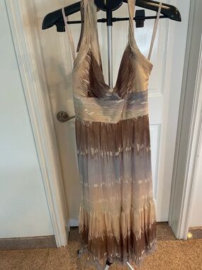 BCBGMaxAzria Beige, Brown and Light Gray Ombre with metallic gold threading maxi